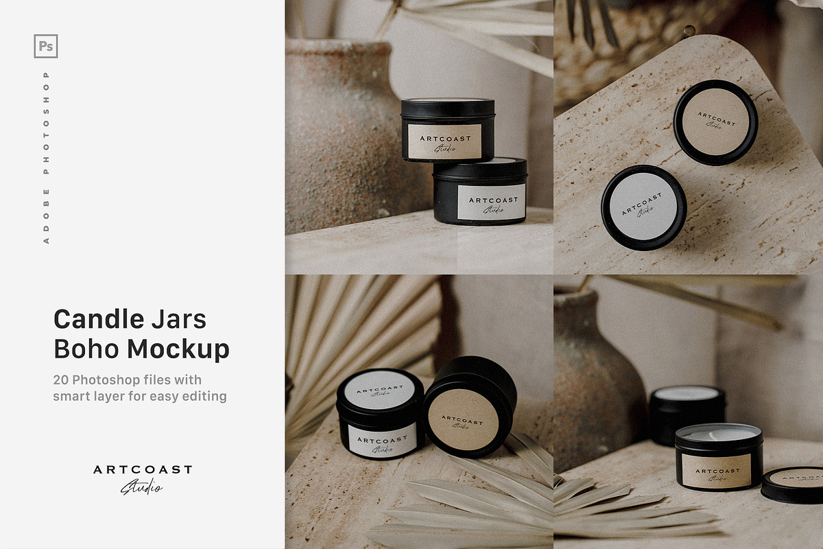 20 Boho Candle Jar Mockups, a Packaging Mockup by Artcoast Std. (Photo 1 of 11)