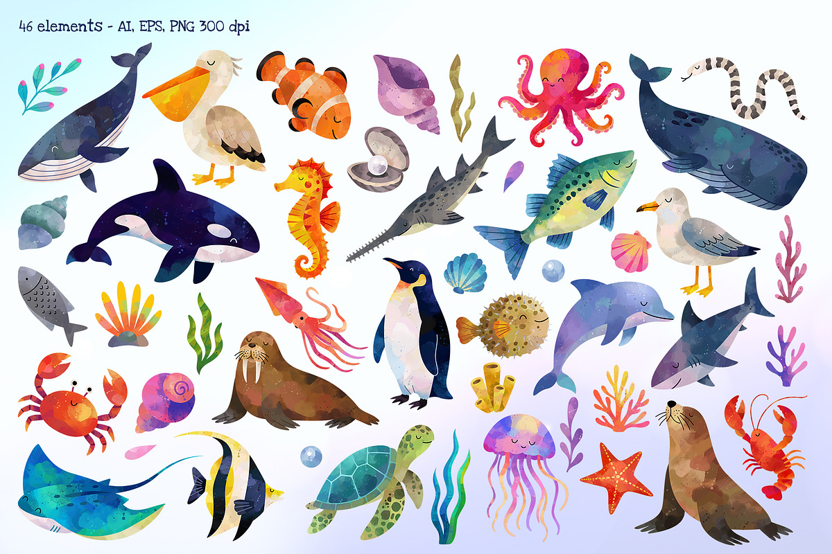 Sea Life. Watercolor Ocean Clipart, an Animal Illustration by Hanna's ArtLab (Photo 2 of 5)