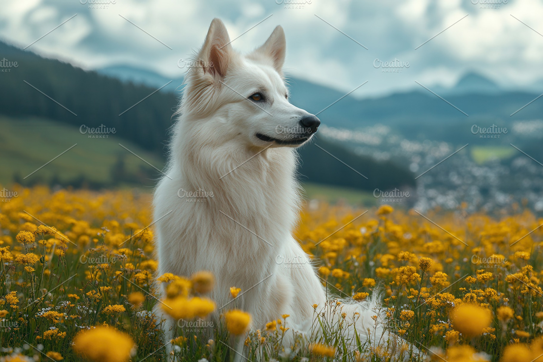 Majestic white dog relaxes in vibran, a Photo by Tanuart
