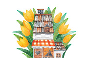 Watercolor house in yellow tulips, an Illustration by palllna (Thumbnail 2 of 4)