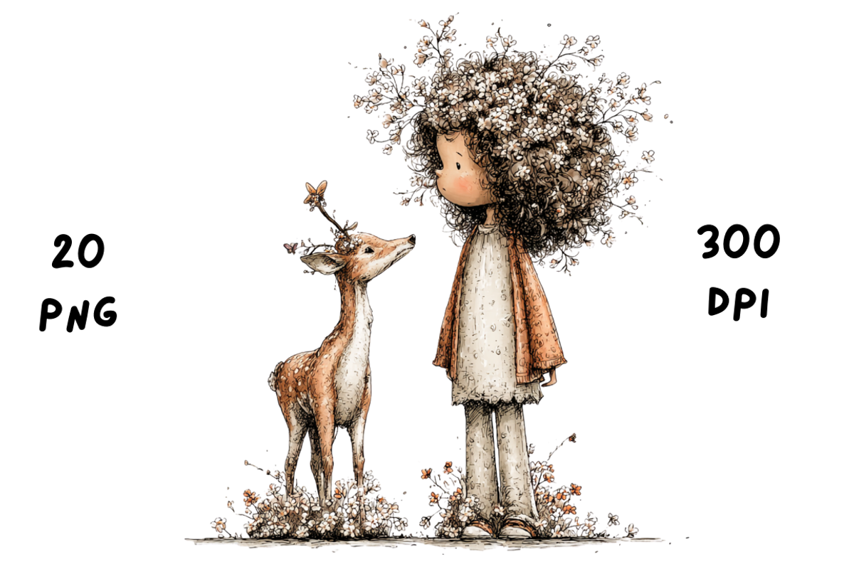 Whimsical Floral Girl & Deer Clipart, an Animal Illustration by GiraffeCreative (Photo 7 of 20)