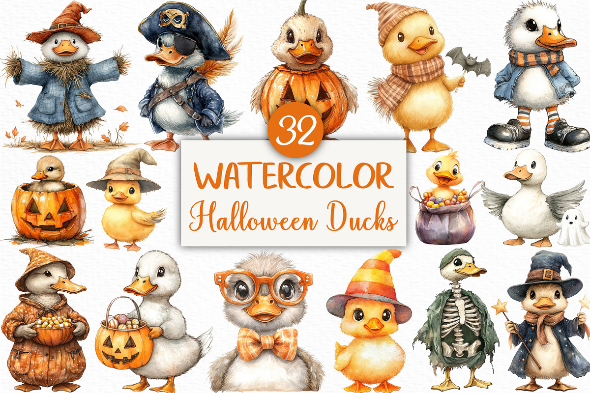 Watercolor Halloween Ducks Clipart, an Illustration by Craft Nest (Photo 1 of 6)