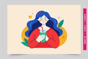 Woman blue hair red sweater drink, an Illustration by Tanuart