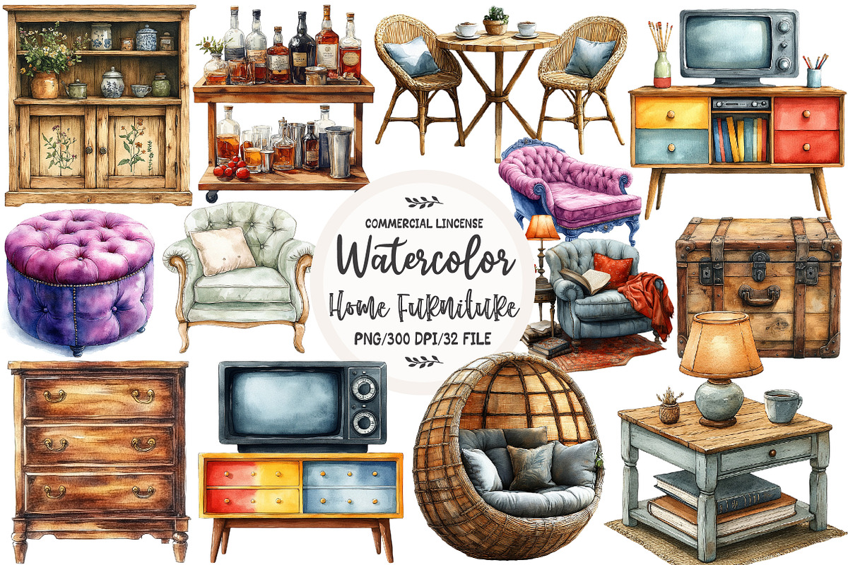 Watercolor Home Furniture Clipart, an Illustration by OK Design (Photo 1 of 5)