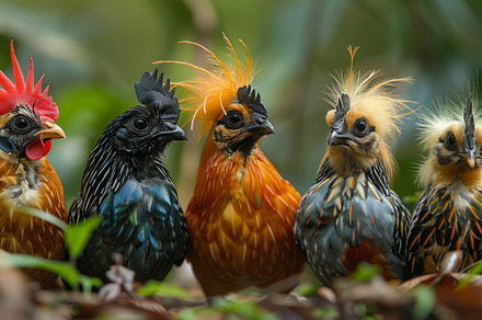 Group of colorful bantams standing together in a lush garden setting, a Photo by AS photostudio