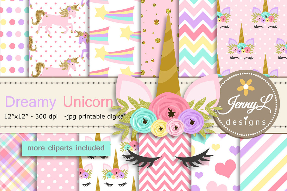 Unicorn Digital Papers & Clipart, a Pattern Graphic by JennyL Designs (Photo 1 of 6)