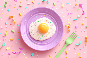 Dancing egg with arms celebrates joy on a bright purple plate in a festive sett, a Food & Drink Photo by AlyaAnd