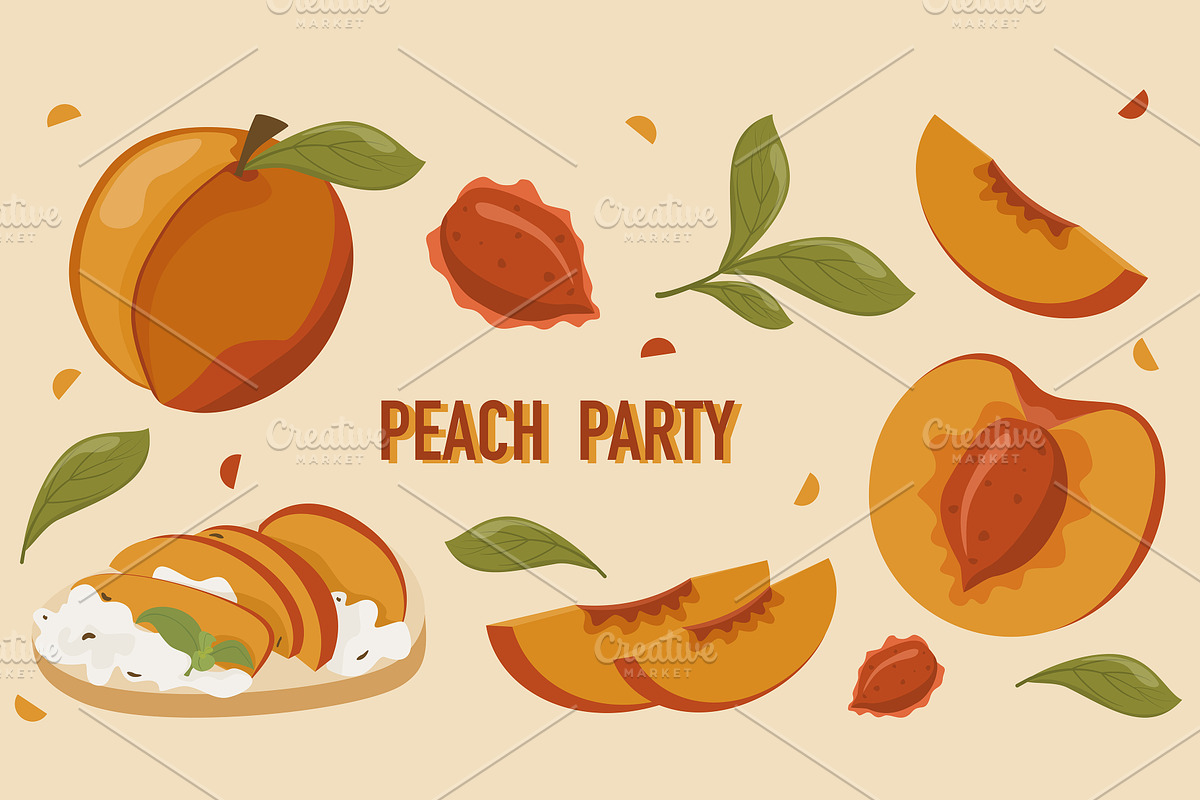 Peach Party Clipart Set Summer Fruit, a Food Illustration by Vaniuta_Art (Photo 1 of 3)