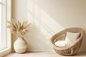 Empty beige wall mockup in a boho, a Photo by Pavel_design