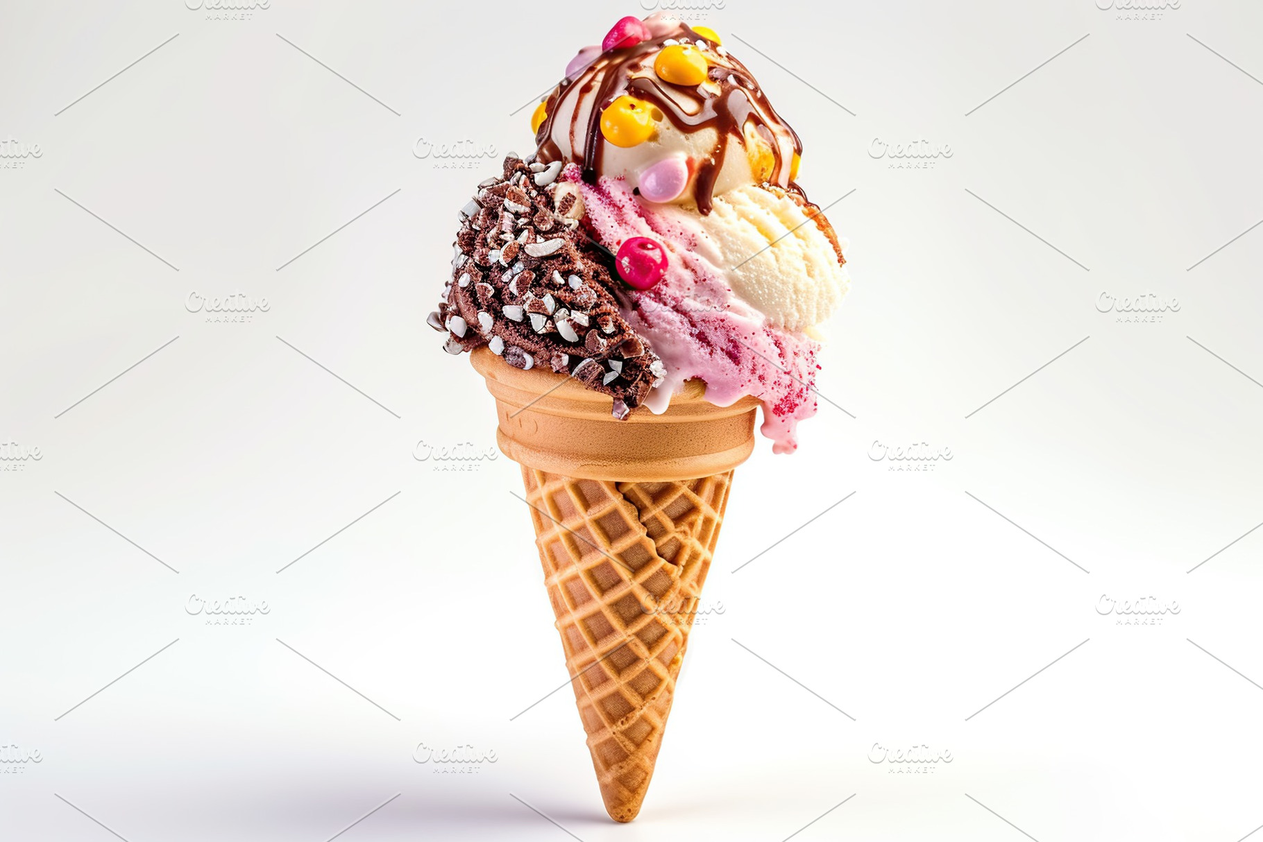 Colorful ice cream with sprinkles in waffle cone on white background, a Food & Drink Photo by AlyaAnd