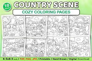 Country Scene Cozy Coloring Pages, a Decorative Illustration by Coco Bloom