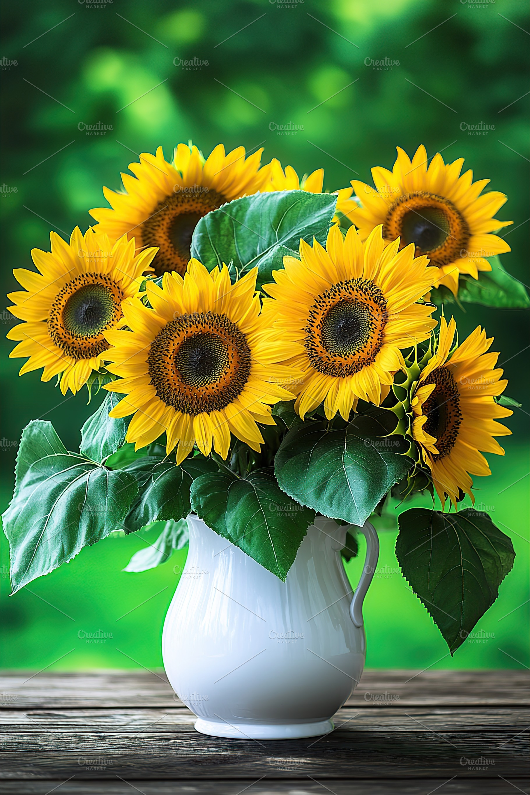 Bright sunflowers arranged in a white ceramic vase on a rustic wooden table out, a Nature Photo by AlyaAnd