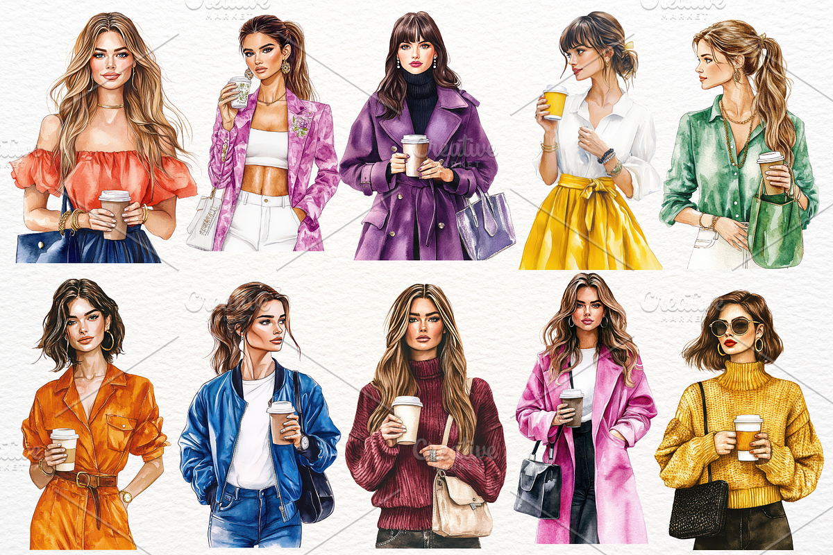 Coffee Girl Clipart Watercolor PNG, a Decorative Illustration by Maysa Art (Photo 2 of 4)