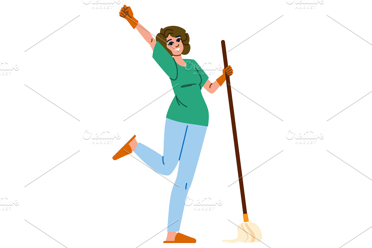 Happy cleaning lady dancing and, a Person Illustration by pikepicture