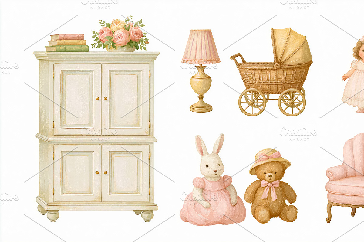 Vintage baby nursery collection featuring furniture, cuddly toys, a doll, and a, an Illustration by Studio ANNA