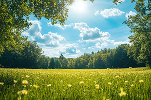 Lush green meadow under bright blue sky on a sunny day in a serene nature lands, a Nature Photo by AlyaAnd