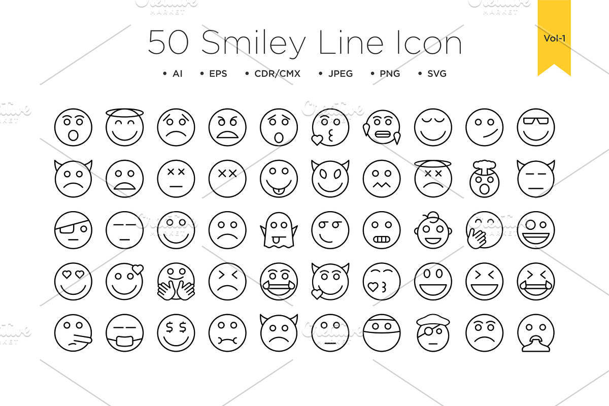 50 Smiley line Icons Vol 1, an Outline Icon by shahsoft