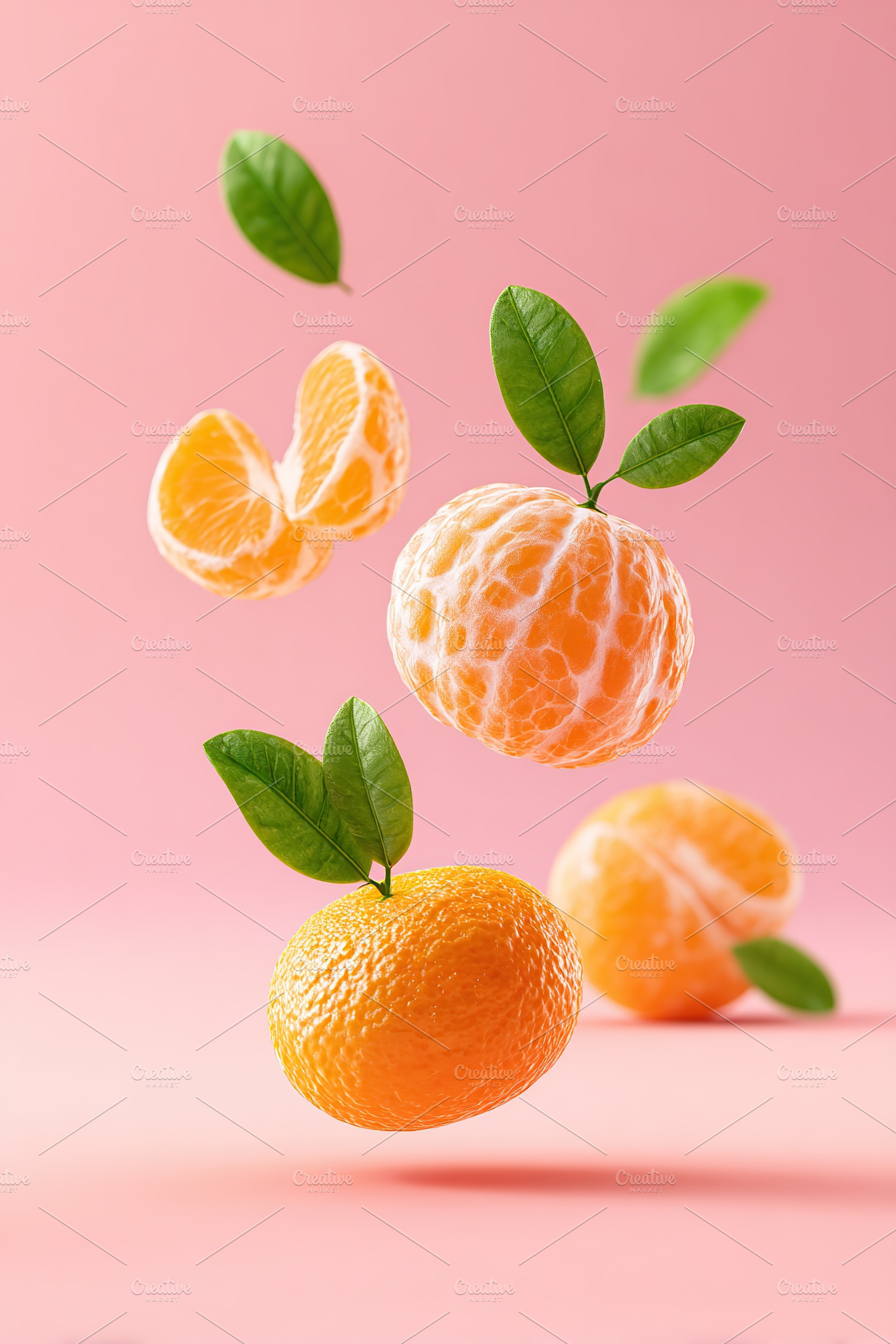 Distinct peeled mandarin wedges floating gracefully against a pink background, a Food & Drink Photo by AlyaAnd