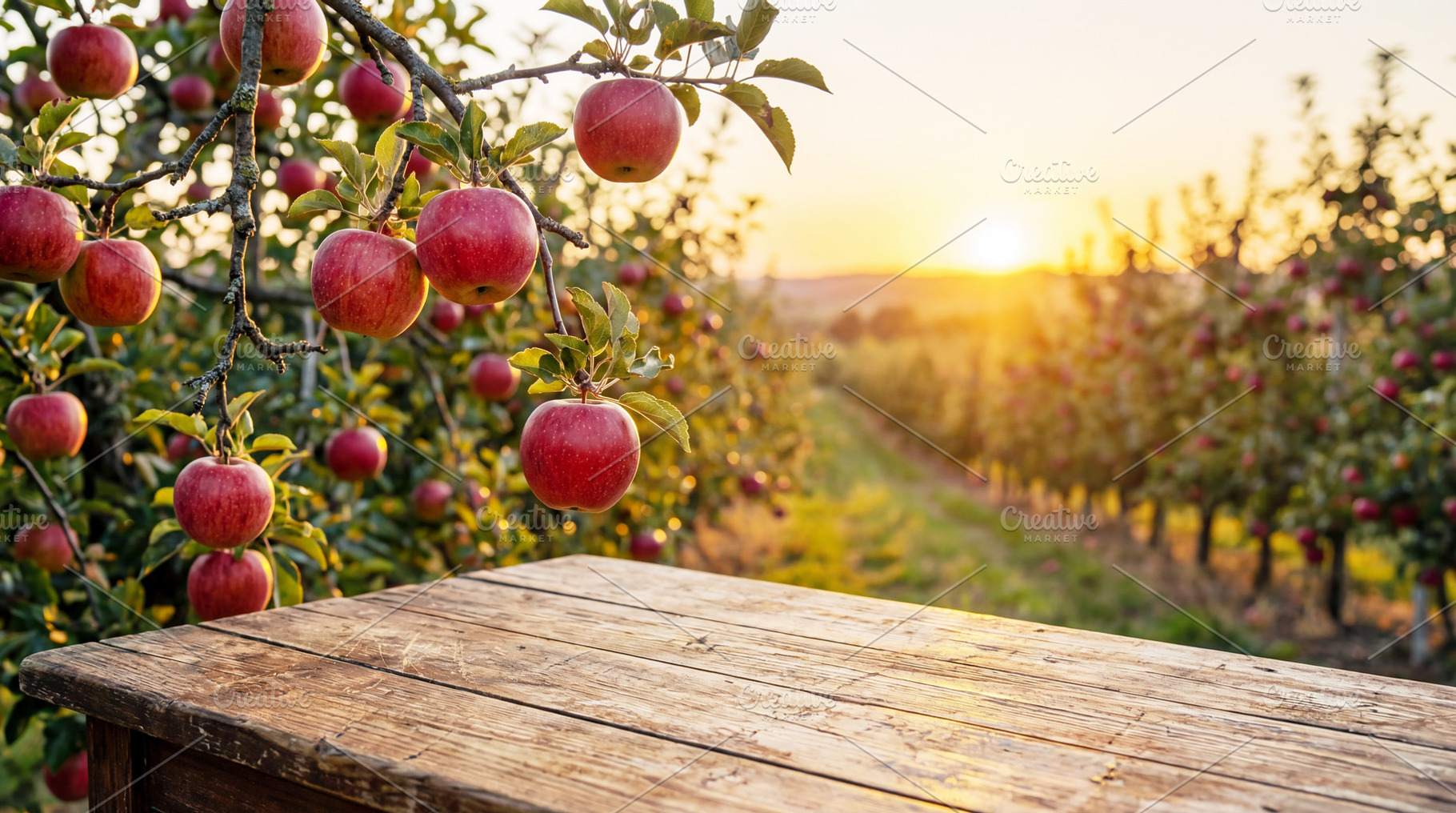 Wooden tabletop on a apple garden, a Food & Drink Photo by Volff