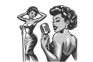 Pin-Up Jazz Singer with Microphone, a Person Illustration by AlexArt
