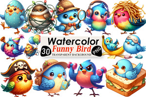 Watercolor Funny Bird Clipart, an Illustration by Black Bird Studio