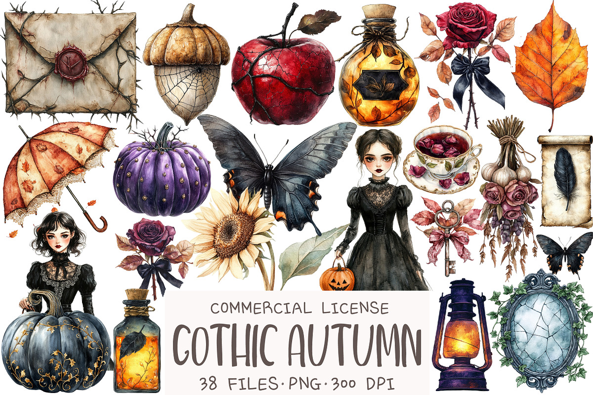 Watercolor Gothic Autumn Clipart, an Illustration by OK Design (Photo 1 of 5)