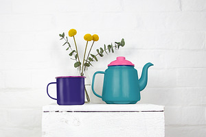 Enamel Teapot And Mugs Mockup Set