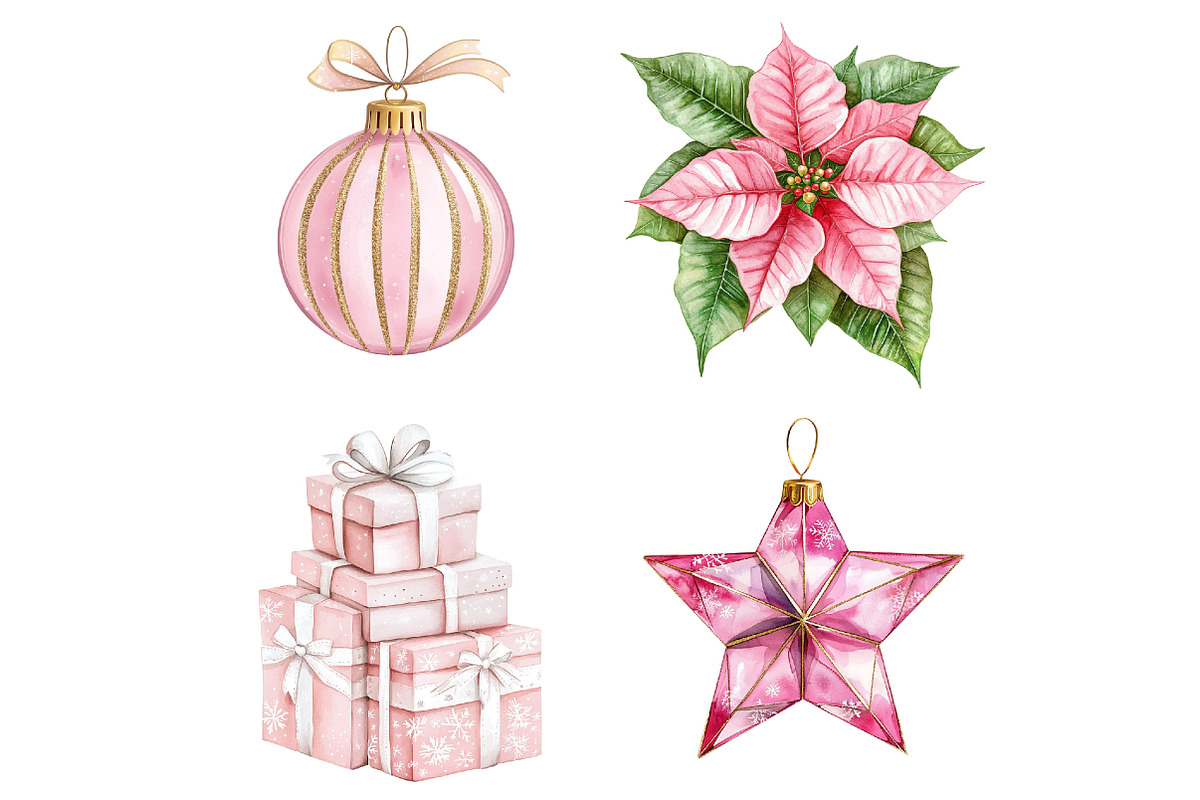 Watercolour Pink Christmas Clipart, a Seasonal Illustration by CitraGraphics (Photo 6 of 7)
