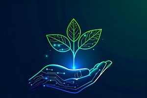 Hand protecting a glowing digital sprout with circuit patterns o, a Technology Illustration by DanFLCreativo