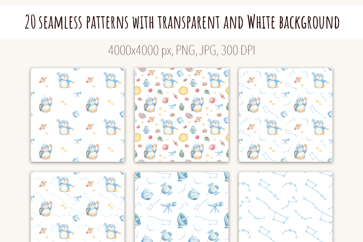 Space Penguin Clipart & Patterns, a Pattern Graphic by Lagniappe Art (Photo 3 of 15)