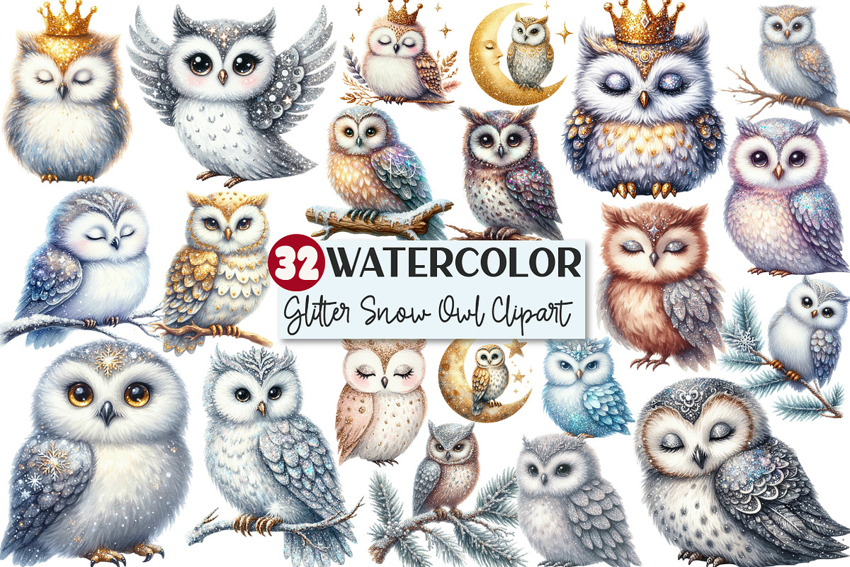 Watercolor Glitter Owl Clipart, an Illustration by Rose Art (Photo 1 of 4)
