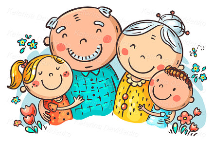 Grandparents hugging grandchildren, a Person Illustration by Bubert Art