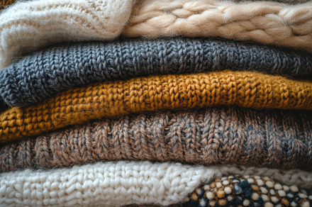 Cozy sweaters stacked in a warm arra, a Photo by Tanuart