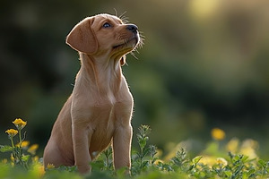 A curious golden Labrador puppy sits among vibrant flowers, gazing thoughtfully, an Animal Photo by ImageMir
