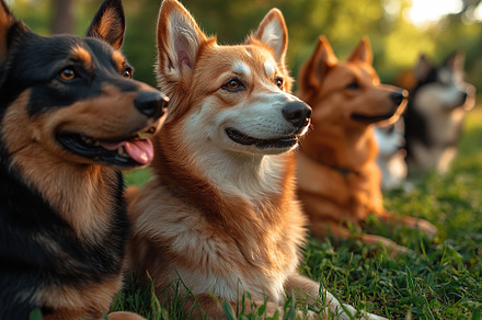 Border collie dogs lying on a green grass, are ready for training, an Animal Photo by AlyaAnd