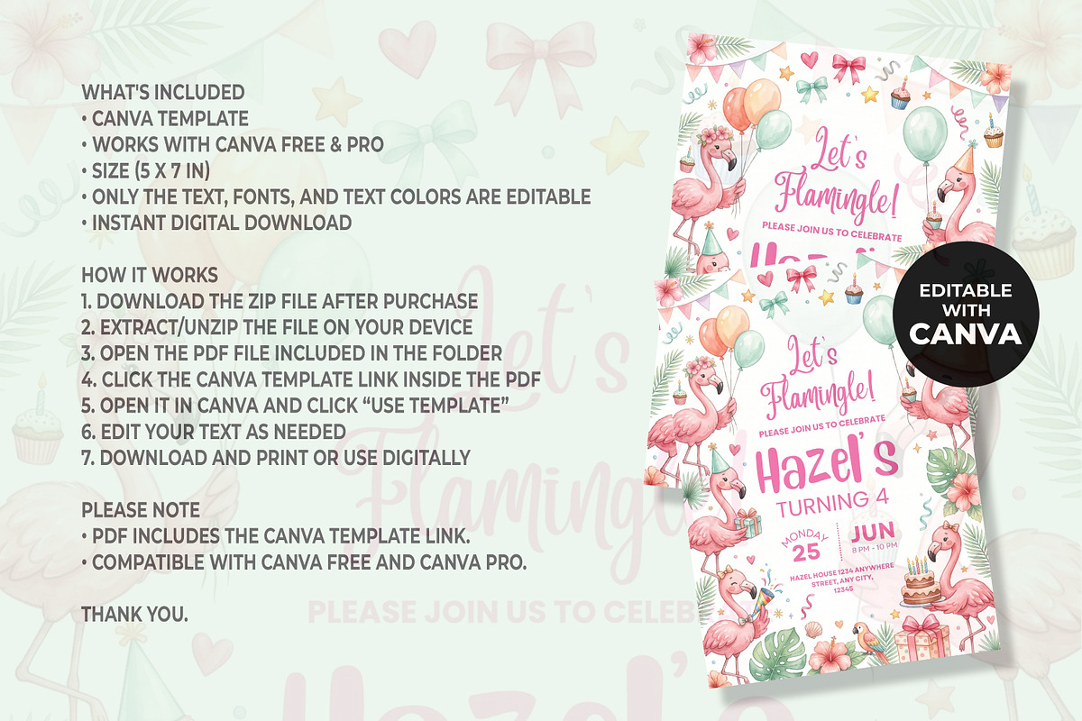 Flamingo Birthday Invitation, an Invitation Template by M9 Design (Photo 4 of 4)