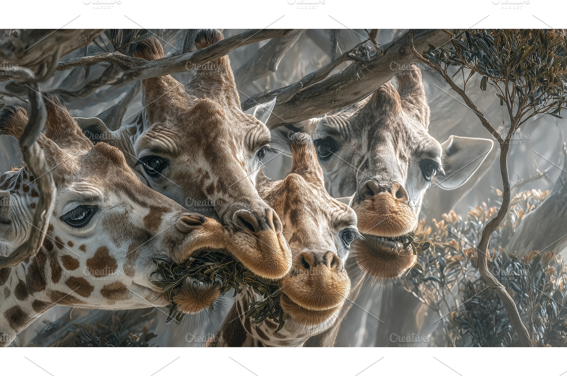 A collection of giraffes eating in a, an Animal Photo by ZinetroN
