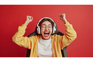 Excited Asian gamer celebrating a, a Technology Photo by Sergey Kotenev