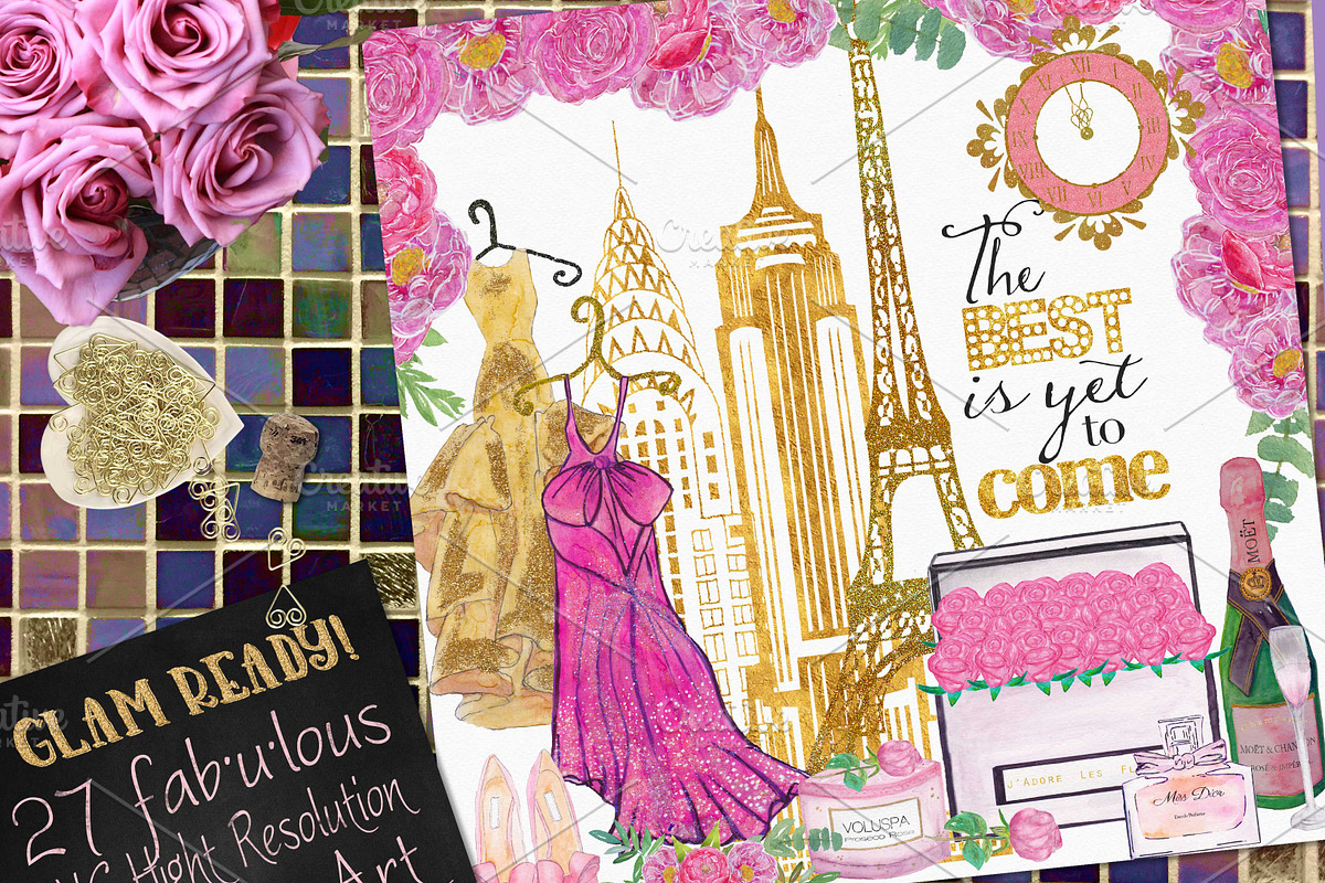 New Year's Glam Watercolor Clipart, an Illustration by My Creative Atelier (Photo 1 of 4)