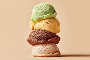 Stacked ice cream scoops on beige background, a Food & Drink Photo by AlyaAnd