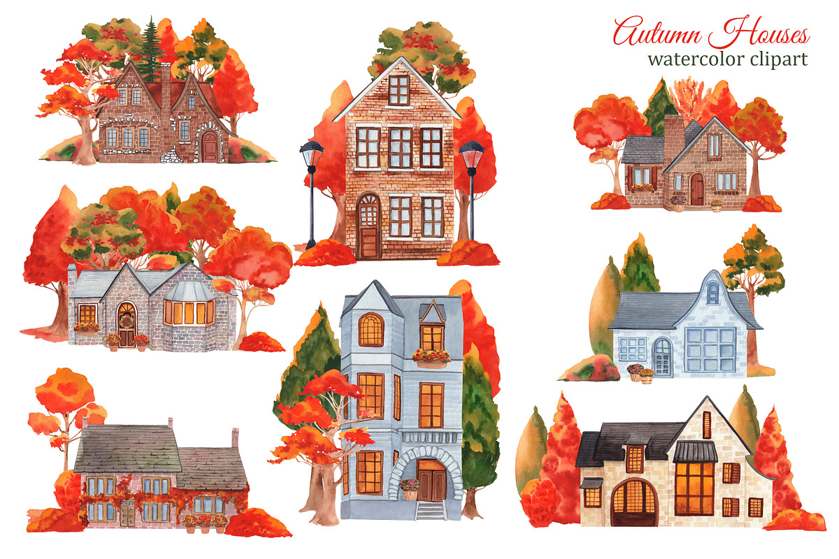 Watercolor autumn houses clipart, an Illustration by s.yanyeva (Photo 3 of 6)