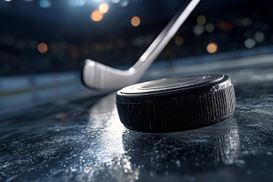 Close up of a hockey puck and stick, a Sports & Recreation Photo by MistyDay