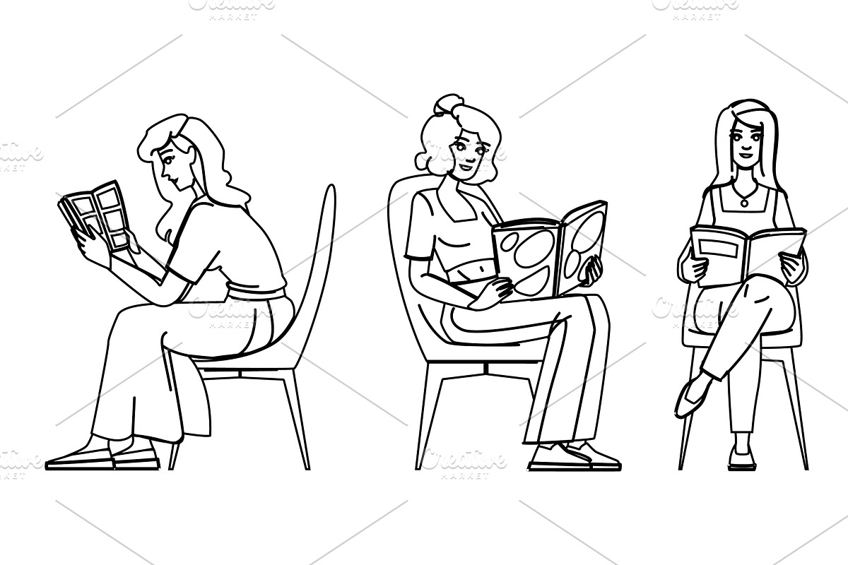 book woman reading chair vector, a Person Illustration by pikepicture