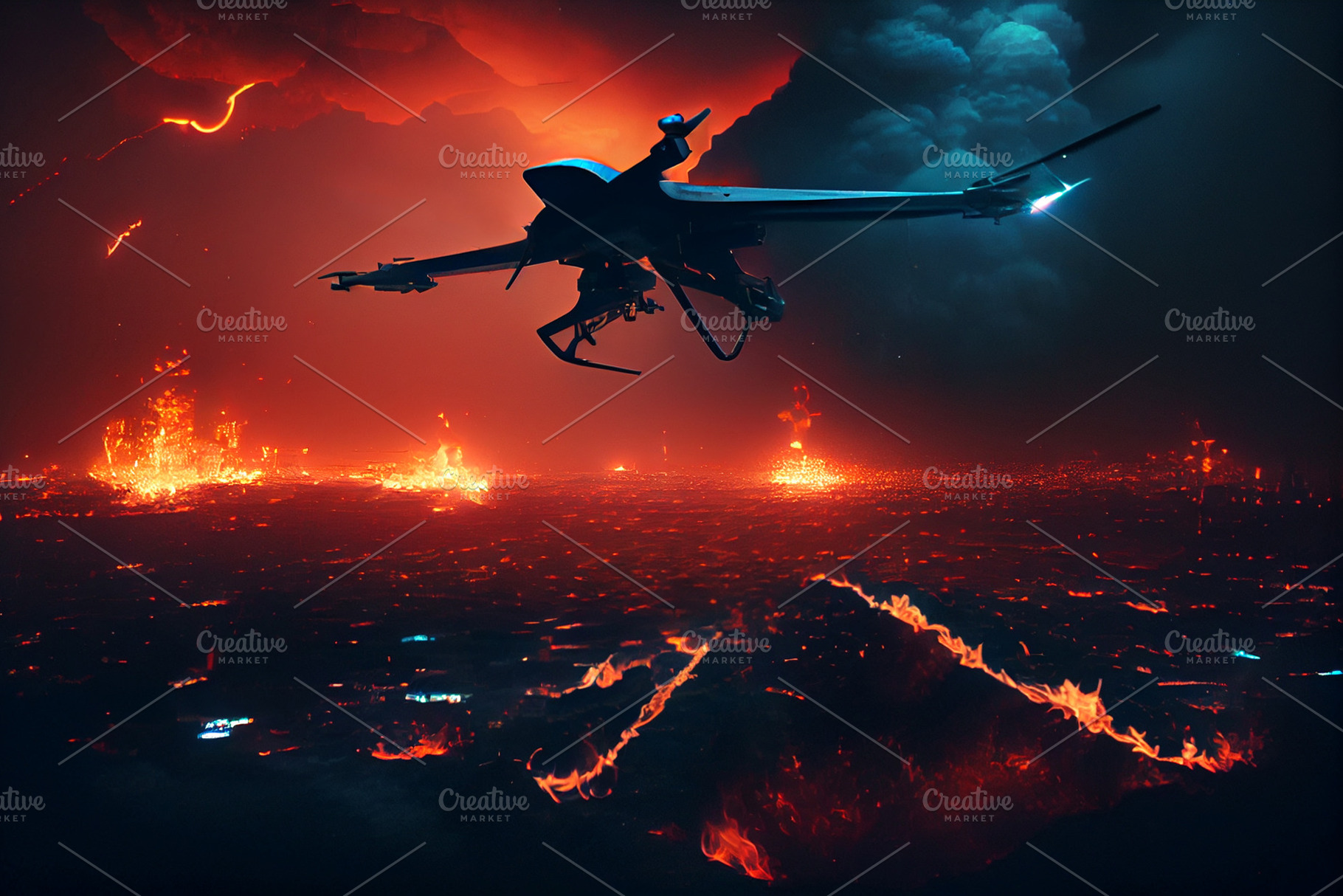 Military drone flyes above the war zone in the city after the ai, a Technology Photo by New York Art Store