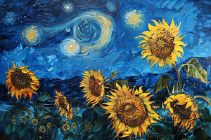 Sunflowers stand tall under a swirli, a Photo by Tanuart