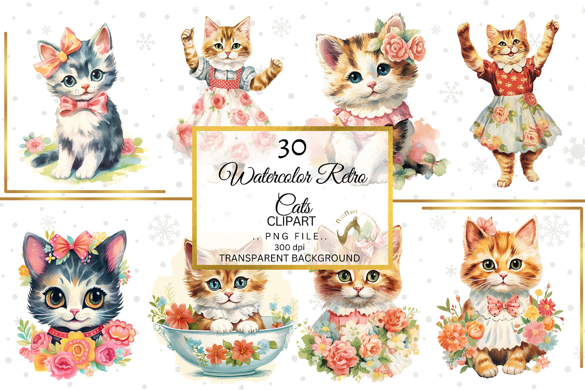 Watercolor Retro Floral Cats Clipart, an Illustration by NiiiNArt (Photo 3 of 6)