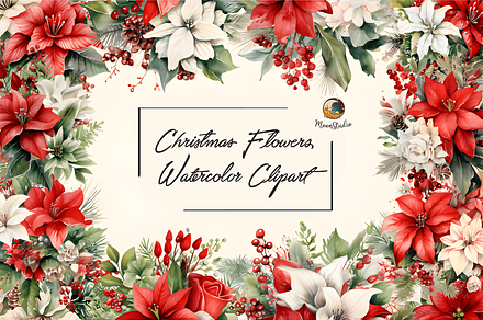 Christmas Flowers Watercolor Clipart, a Graphic by Moon Studio