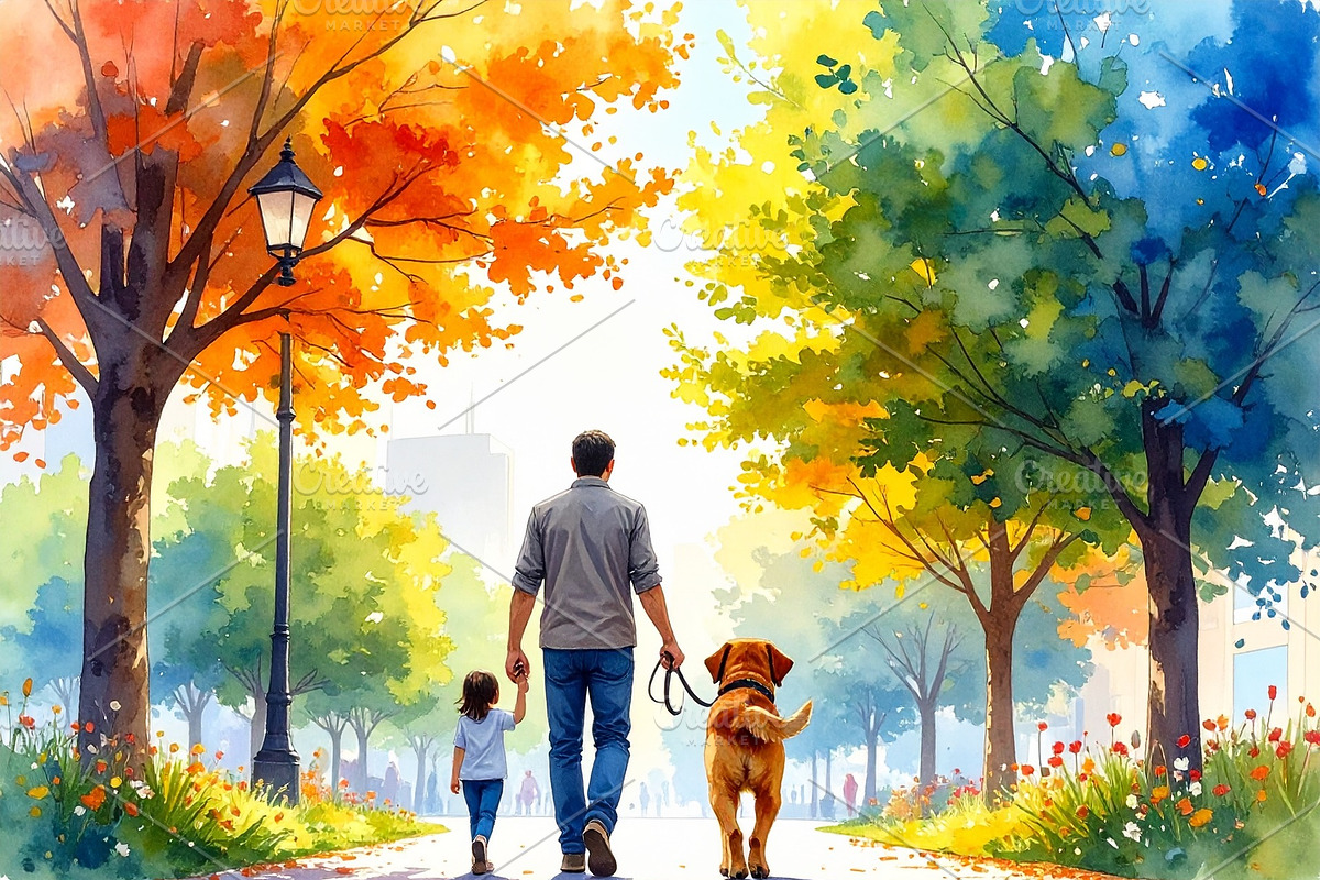 Man walking with daughter and dog in a colorful autumn park, a Person Illustration by DanFLCreativo