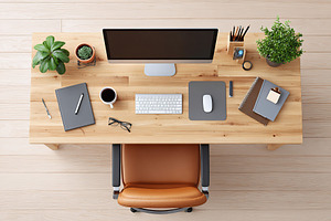 Modern workspace with computer, stationery, and plants on a wooden desk in an o, a Photo by AlyaAnd