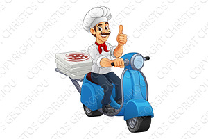 Cartoon pizza chef riding scooter, a Food Illustration by Christos Georghiou
